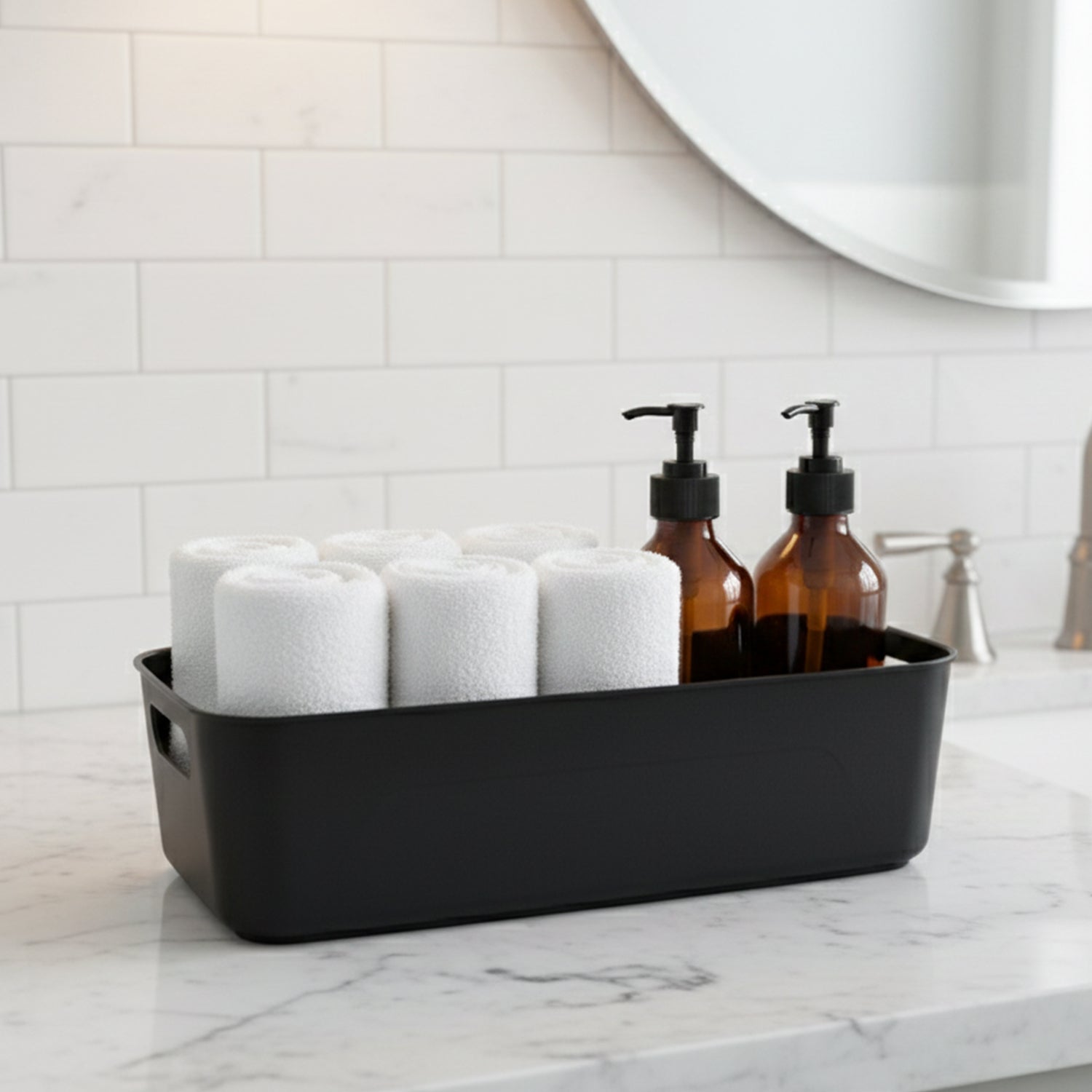 Set of four black plastic storage baskets and trays from Wukusy, ideal for organizing home improvement spaces.