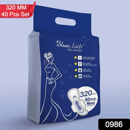 Blue Lady Extra Long Wukusy sanitary pads with wide wings, 320mm, 40-pack, designed for comfort and reliable protection.