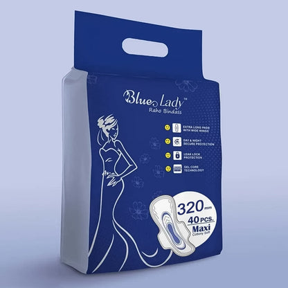 Blue Lady Extra Long Sanitary Pads with Wide Wings by Wukusy, 320mm, 40-pack, designed for comfortable, reliable protection.