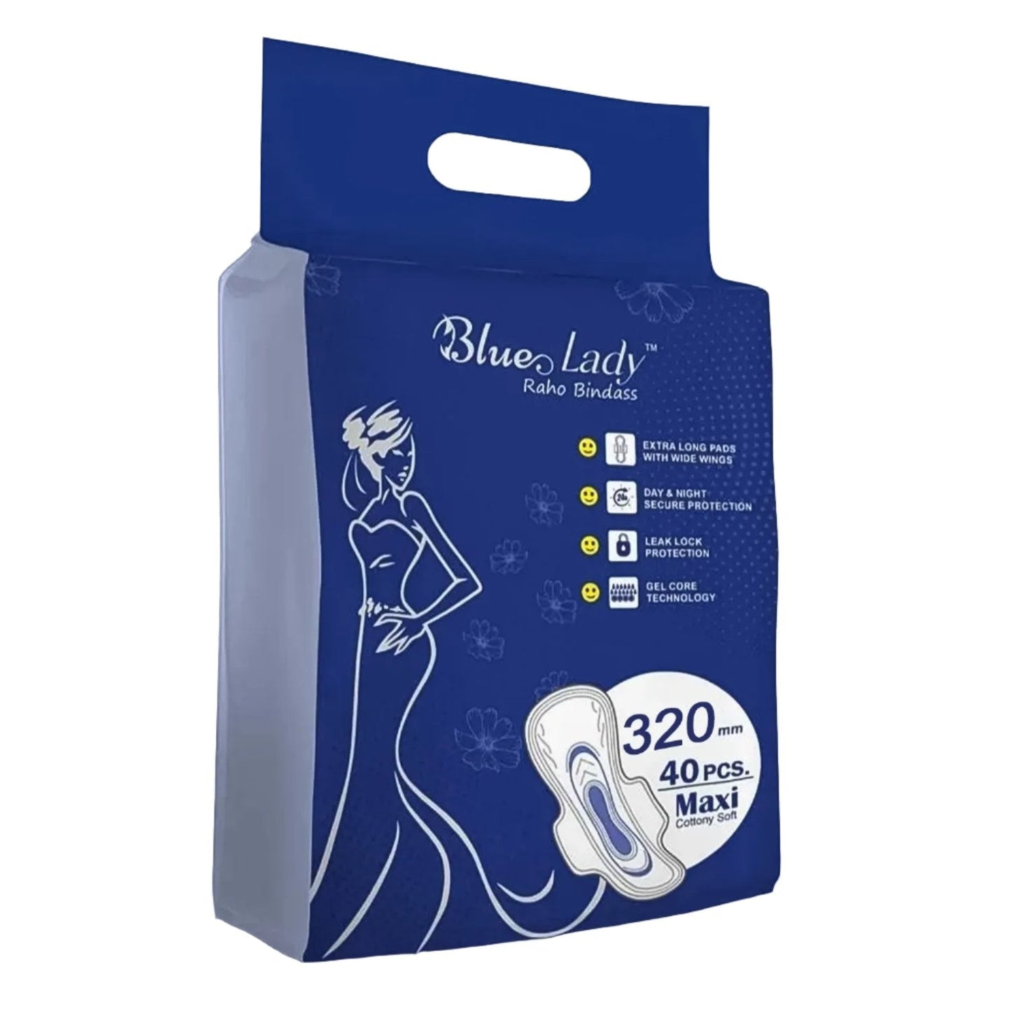 Blue Lady Extra Long Sanitary Pads with wide wings by Wukusy, 320mm, 40-pack for comfortable, reliable protection.