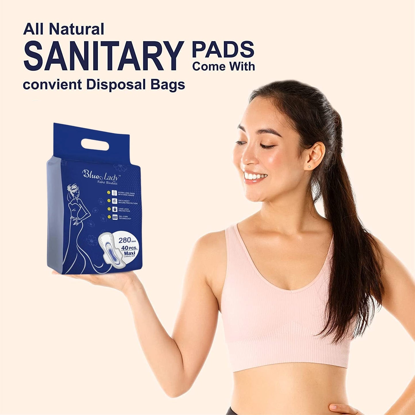 Blue Lady Extra Long Sanitary Pads with wide wings by Wukusy, 320mm, 40-pack, designed for reliable protection and comfort.