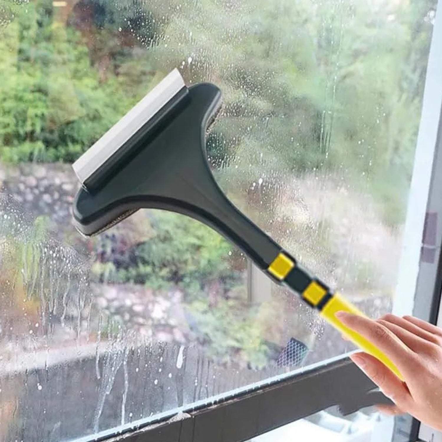 Wukusy 2-in-1 mesh cleaning brush with extended handle, ideal for window cleaning and surface scrubbing.