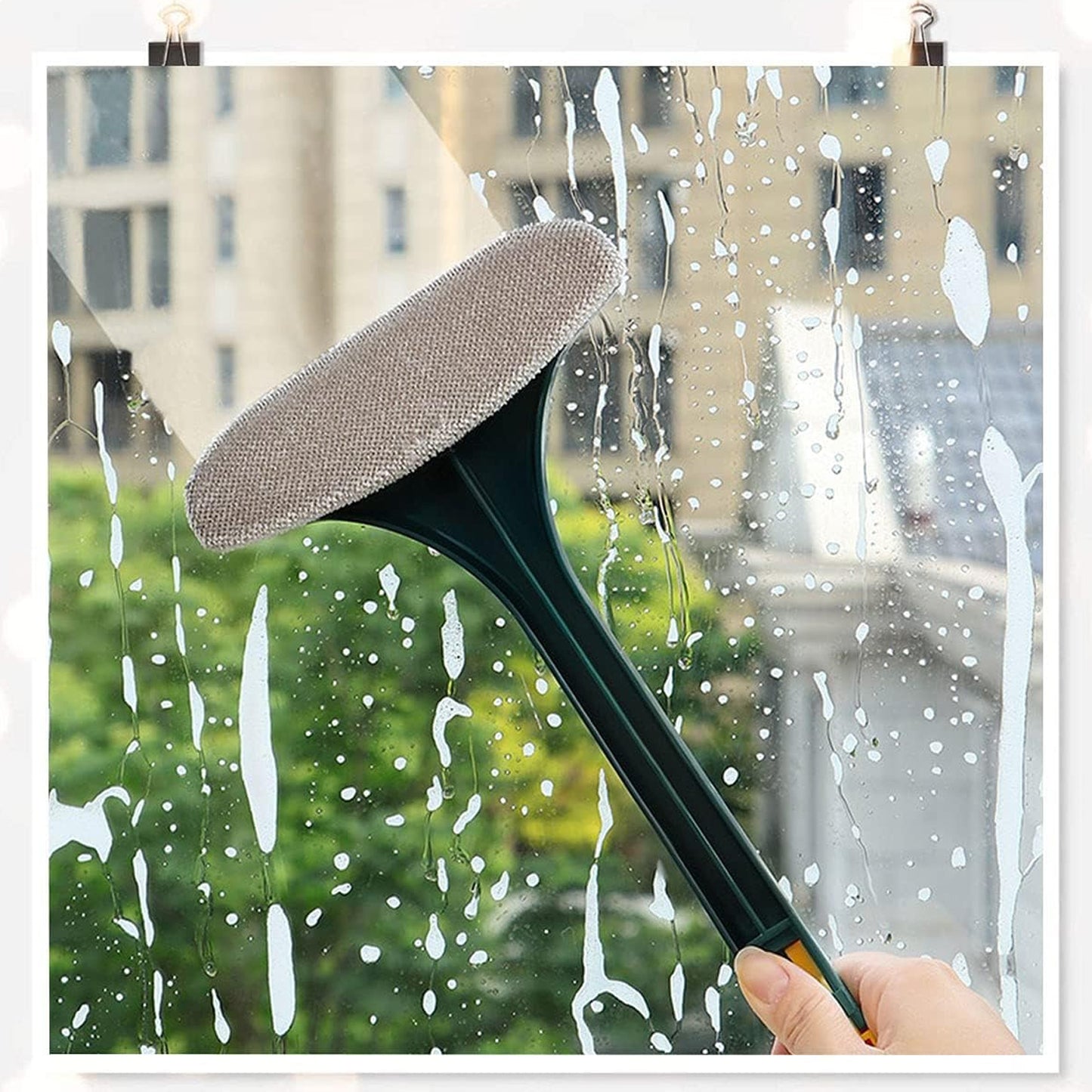 Wukusy 2-in-1 mesh cleaning brush with extended handle for window and surface cleaning, featuring a wiper and mesh cleaner.