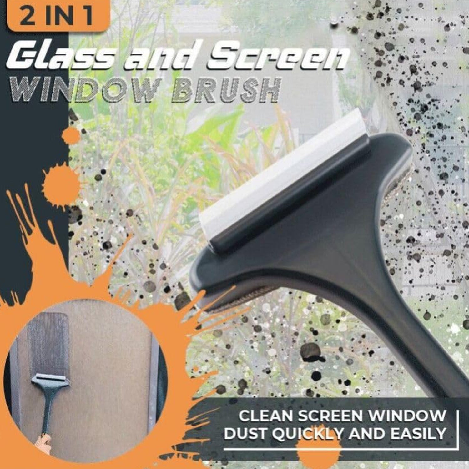 Wukusy 2-in-1 mesh cleaning brush with extended handle for window and surface cleaning, featuring a wiper and net cleaner.