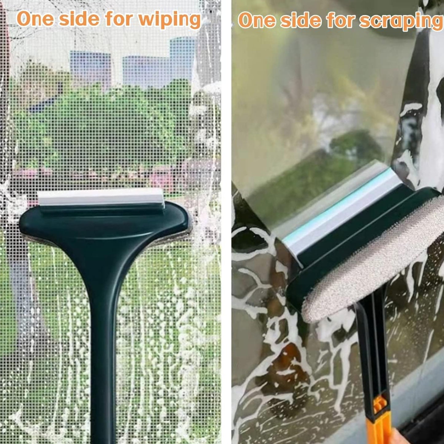 Wukusy 2-in-1 mesh cleaning brush with extended handle for window and surface cleaning, featuring a durable mesh net and wiper.