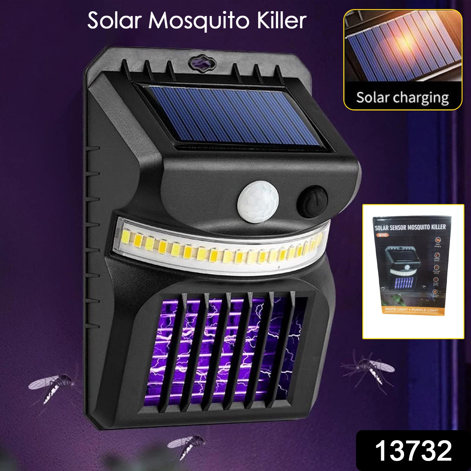 Wukusy outdoor 2-in-1 solar bug zapper and mosquito lamp, black plastic with solar panel and UV light for pest control.