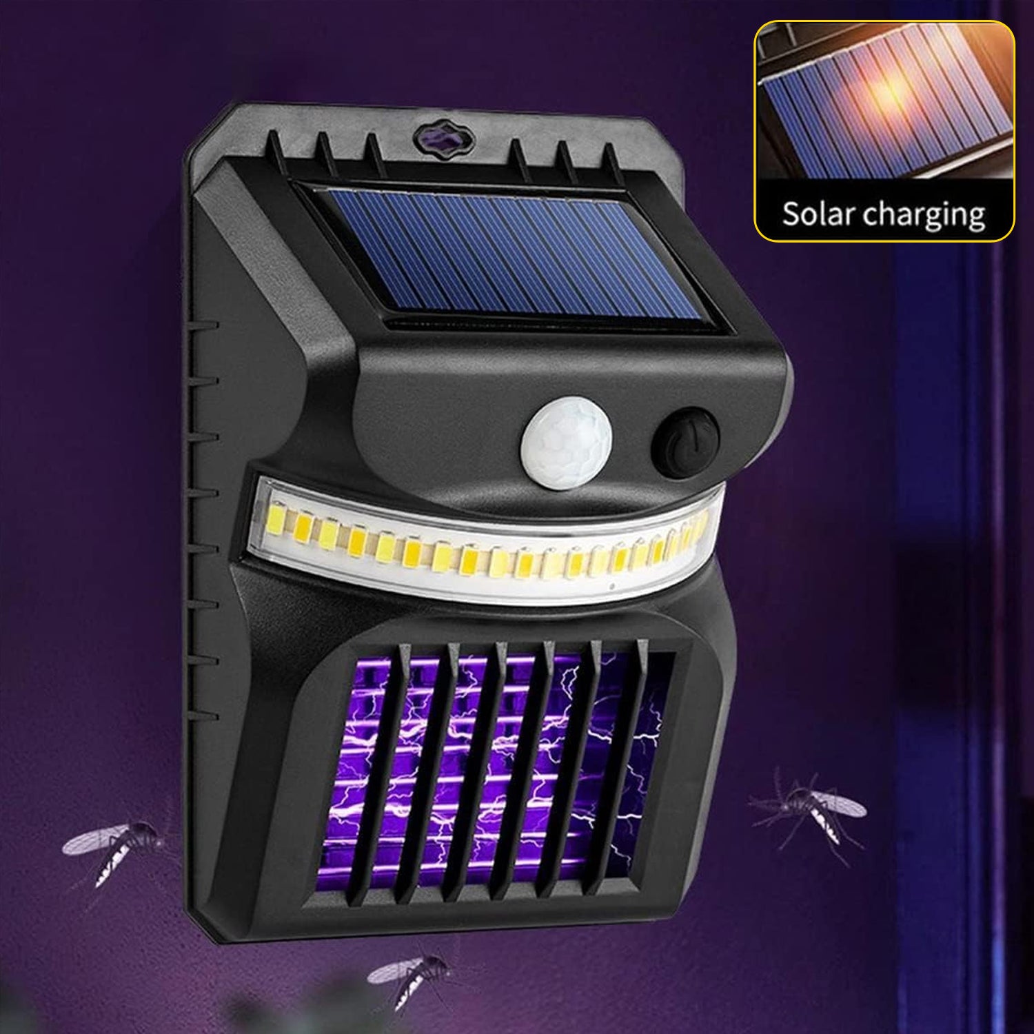 Wukusy outdoor 2-in-1 solar bug zapper and mosquito lamp for home improvement, with solar panels and UV light attractant.