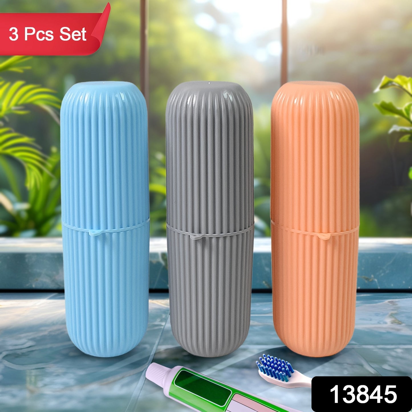 Set of three multicolor capsule-shaped travel toothbrush and toothpaste cases by Wukusy, ideal for home and travel storage.
