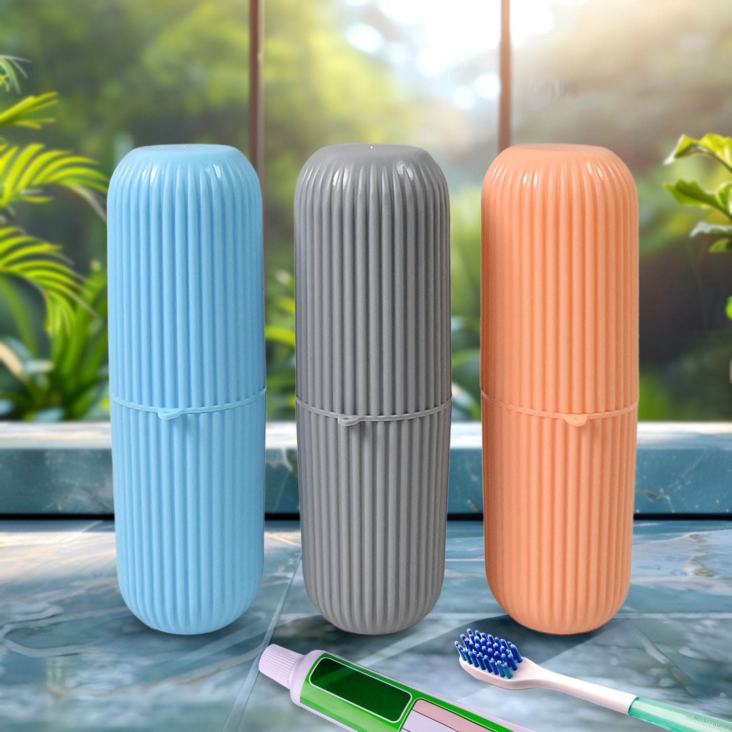 Set of three multicolor capsule-shaped travel toothbrush and toothpaste case holders by Wukusy for home improvement and travel.