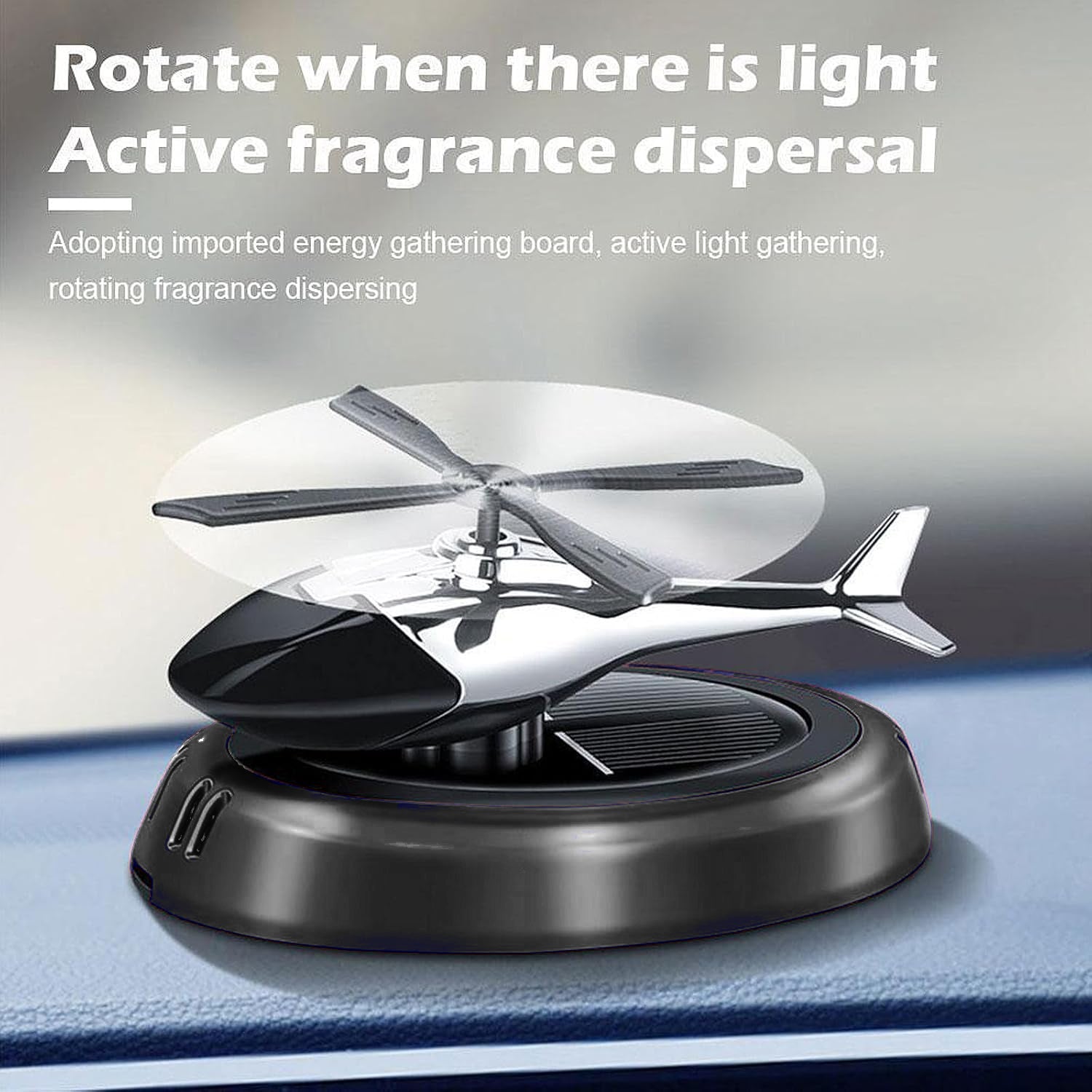 Wukusy car dashboard perfume diffuser with rotating blades, designed for home improvement, showing a sleek black and silver design.