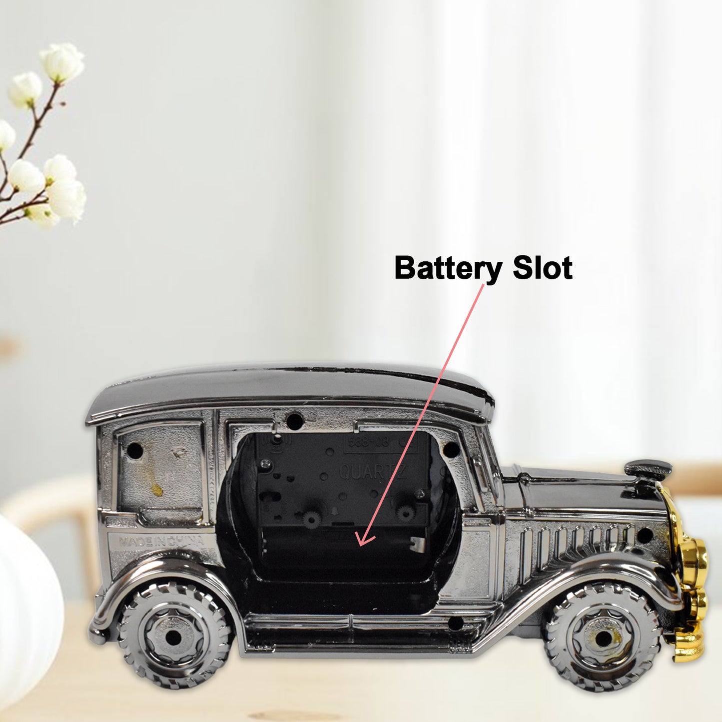 Wukusy car model clock pen holder with alarm, made of ABS material, ideal for office desk or bedroom decor.