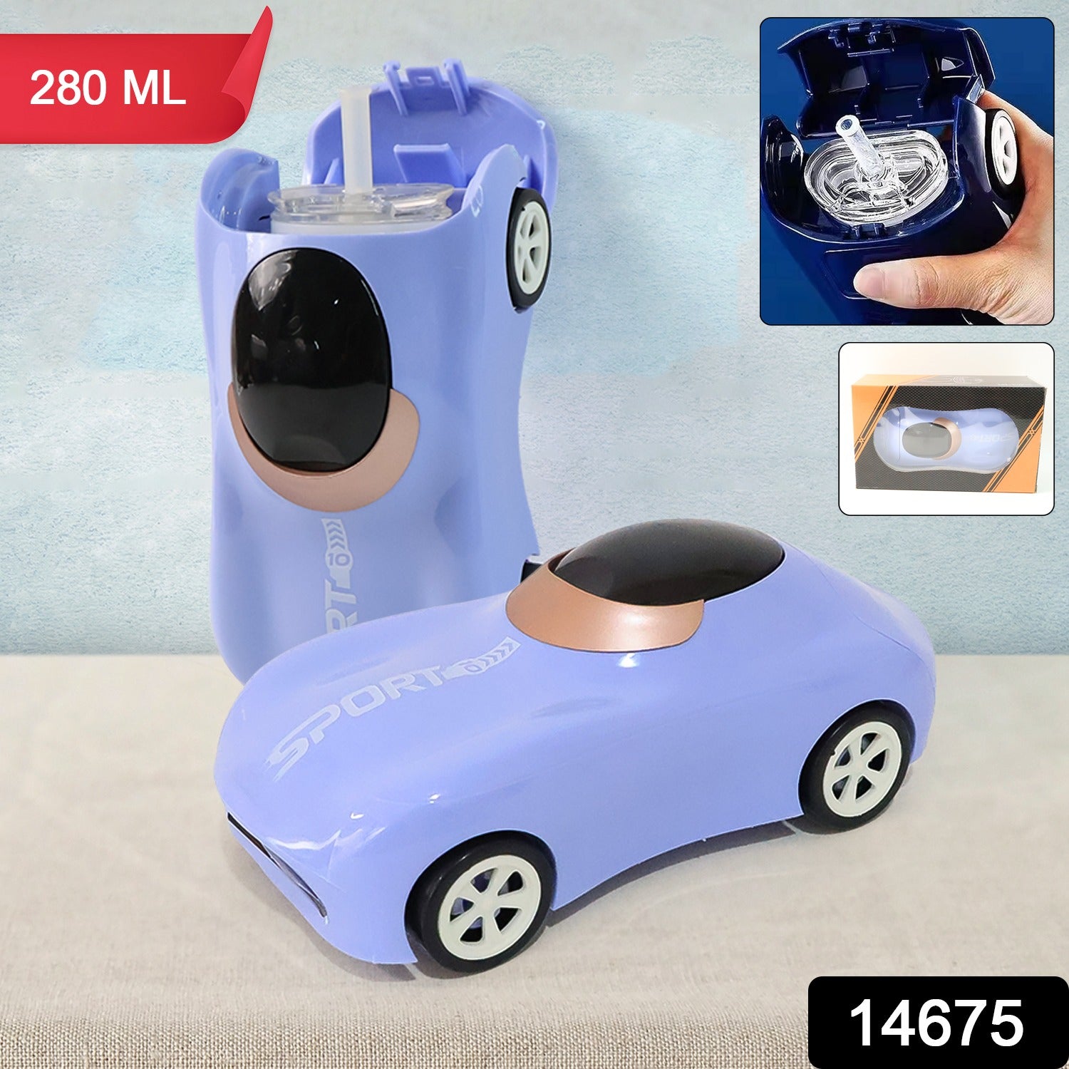 Wukusy car-shaped water bottle with built-in straw, 280ml capacity, designed for convenient hydration at home or on the go.