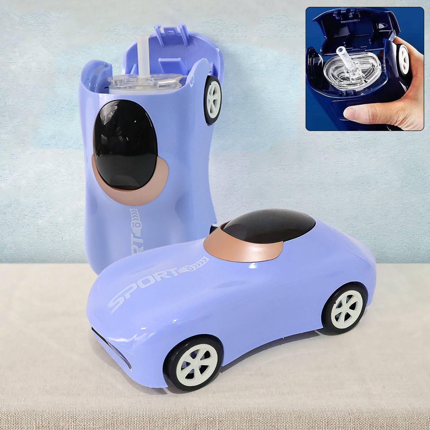 Wukusy car-shaped water bottle with built-in straw, 280ml, made for home improvement and outdoor hydration.
