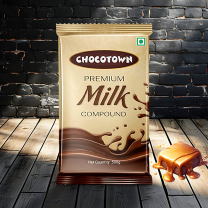 Wukusy Chocotown Premium Milk Compound Slab, 500g, for home improvement projects, showing the chocolate slab with smooth surface and packaging