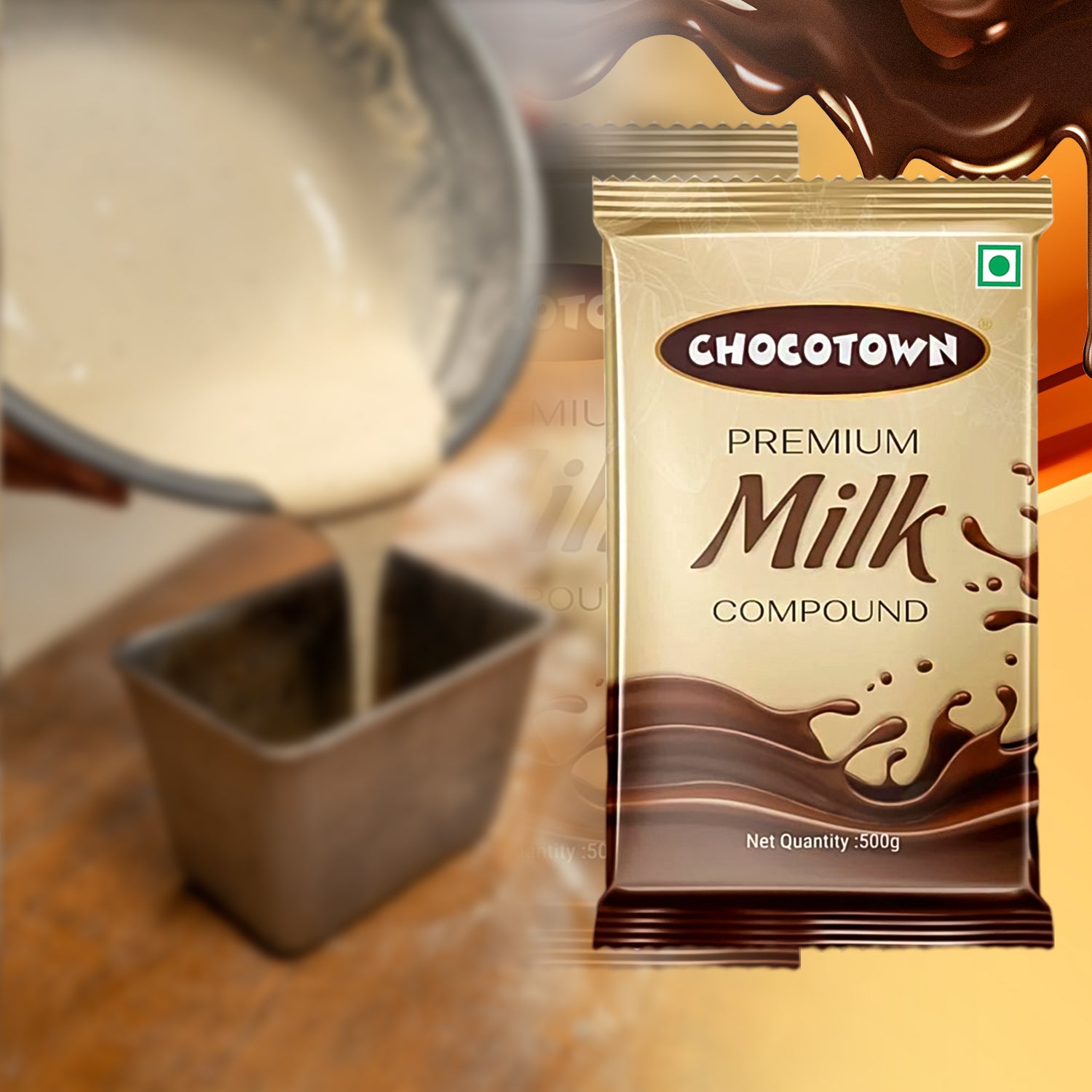 Wukusy Chocotown Premium Milk Compound Slab, 500g, showing the smooth chocolate surface and packaging.