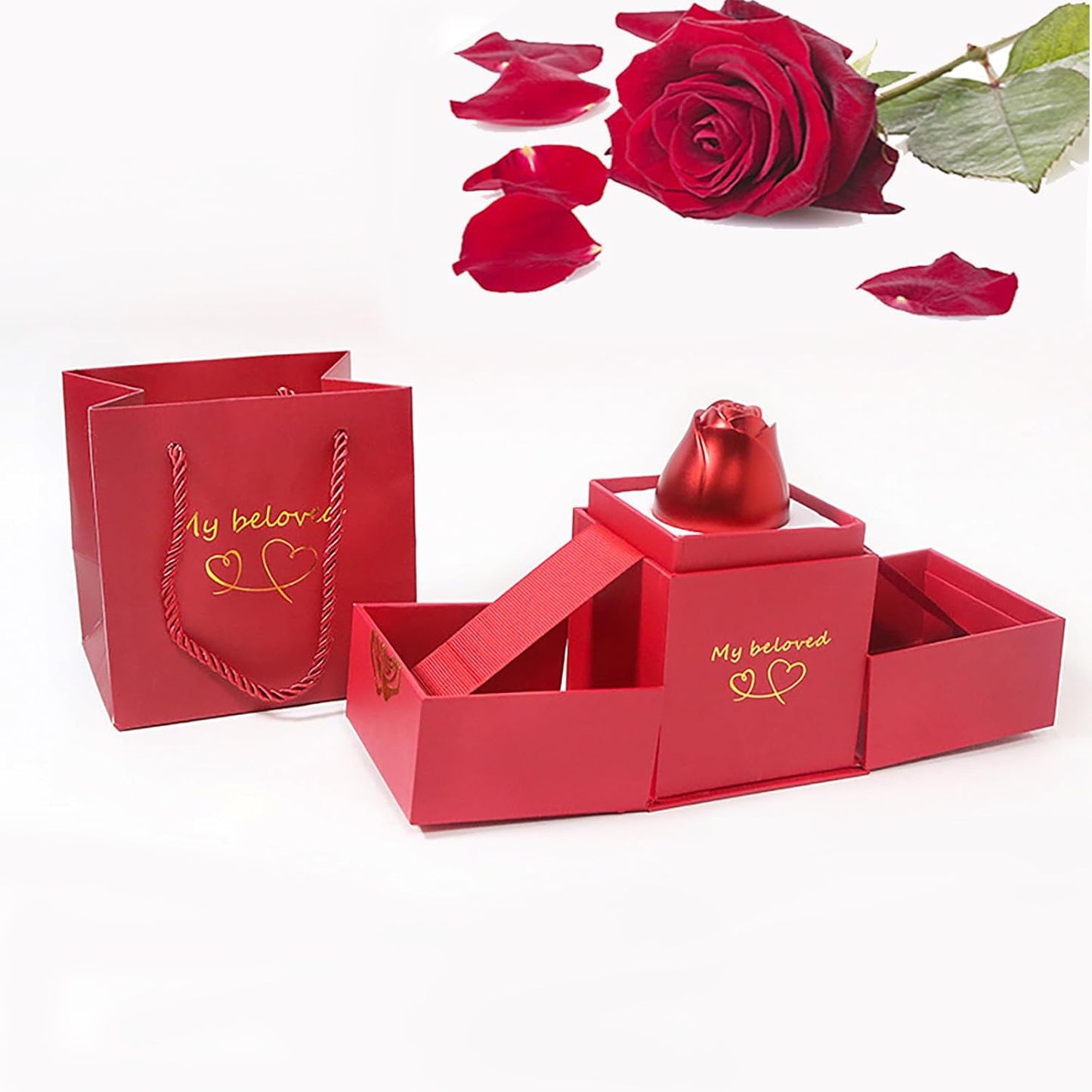Wukusy jewelry box with eternal rose design for rings and necklaces, ideal for Christmas gifts, weddings, or Valentine’s Day.
