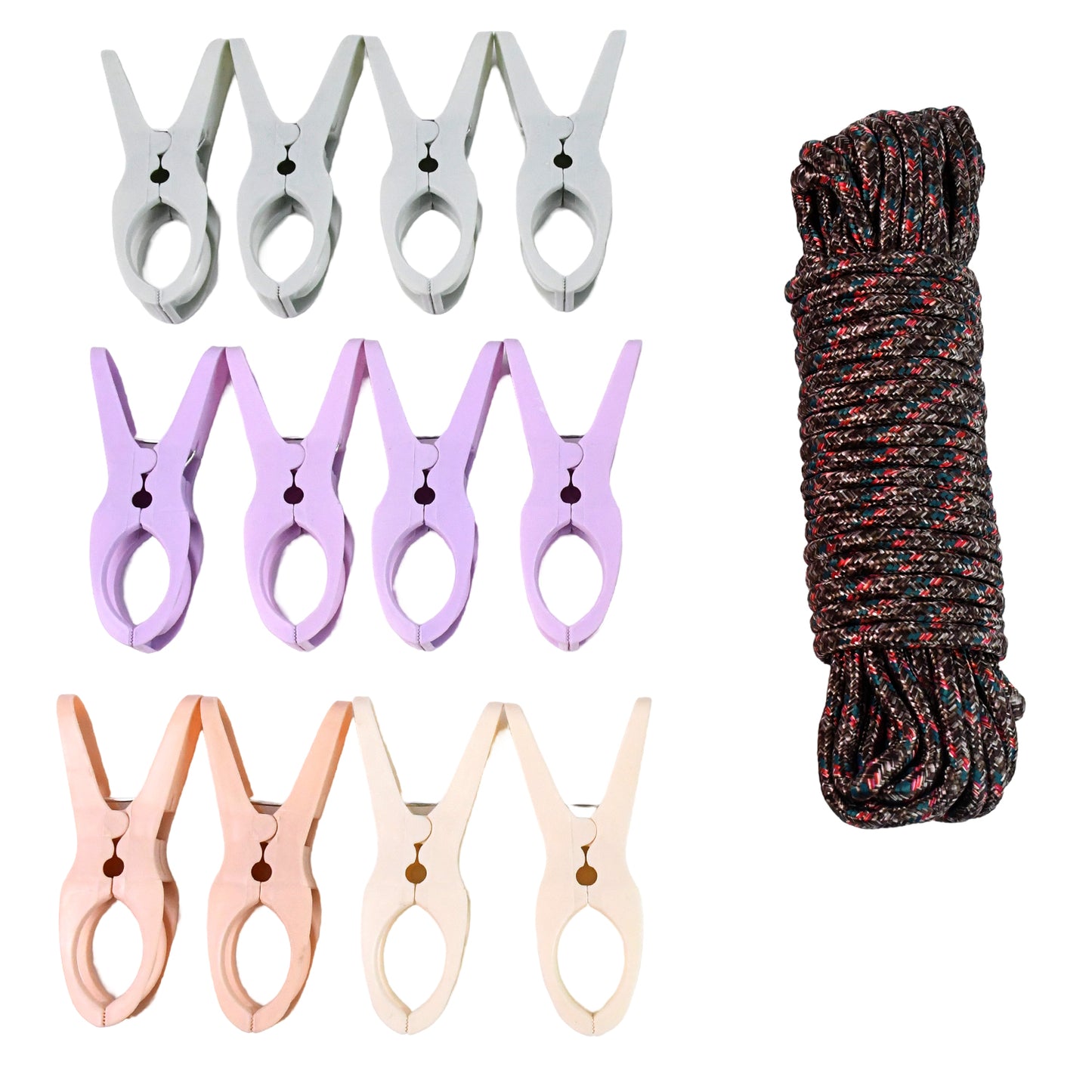 Wukusy cloth drying rope with clips, 12-piece set, durable and convenient for hanging laundry indoors or outdoors.