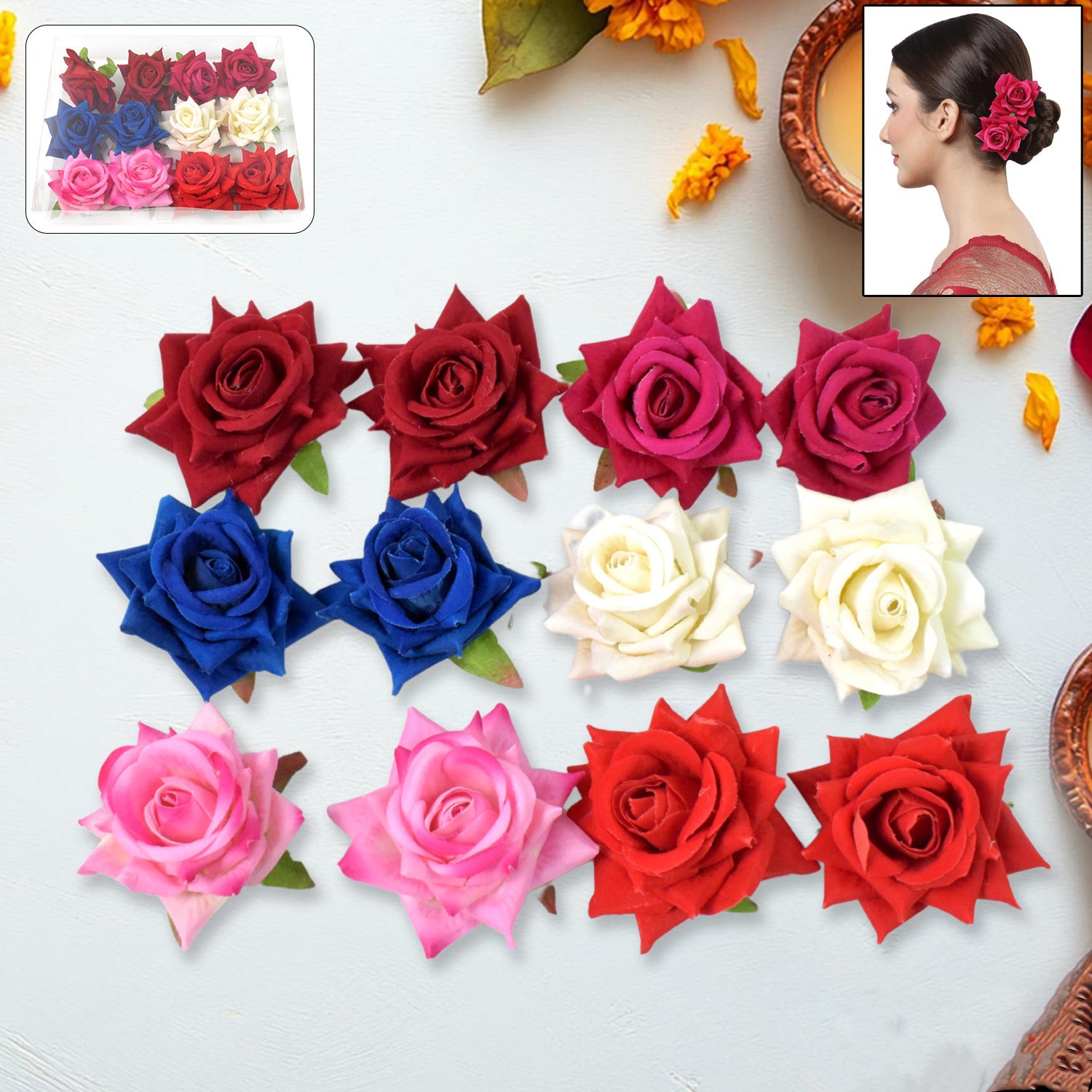 Set of 12 colorful flowing flower hair pins by Wukusy, perfect for adding a vibrant touch to hairstyles.