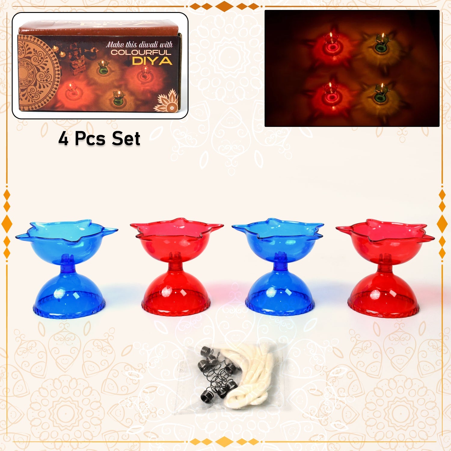 Set of four colourful plastic diya cups with multi-shaped reflection designs, ideal for home decoration and lighting.