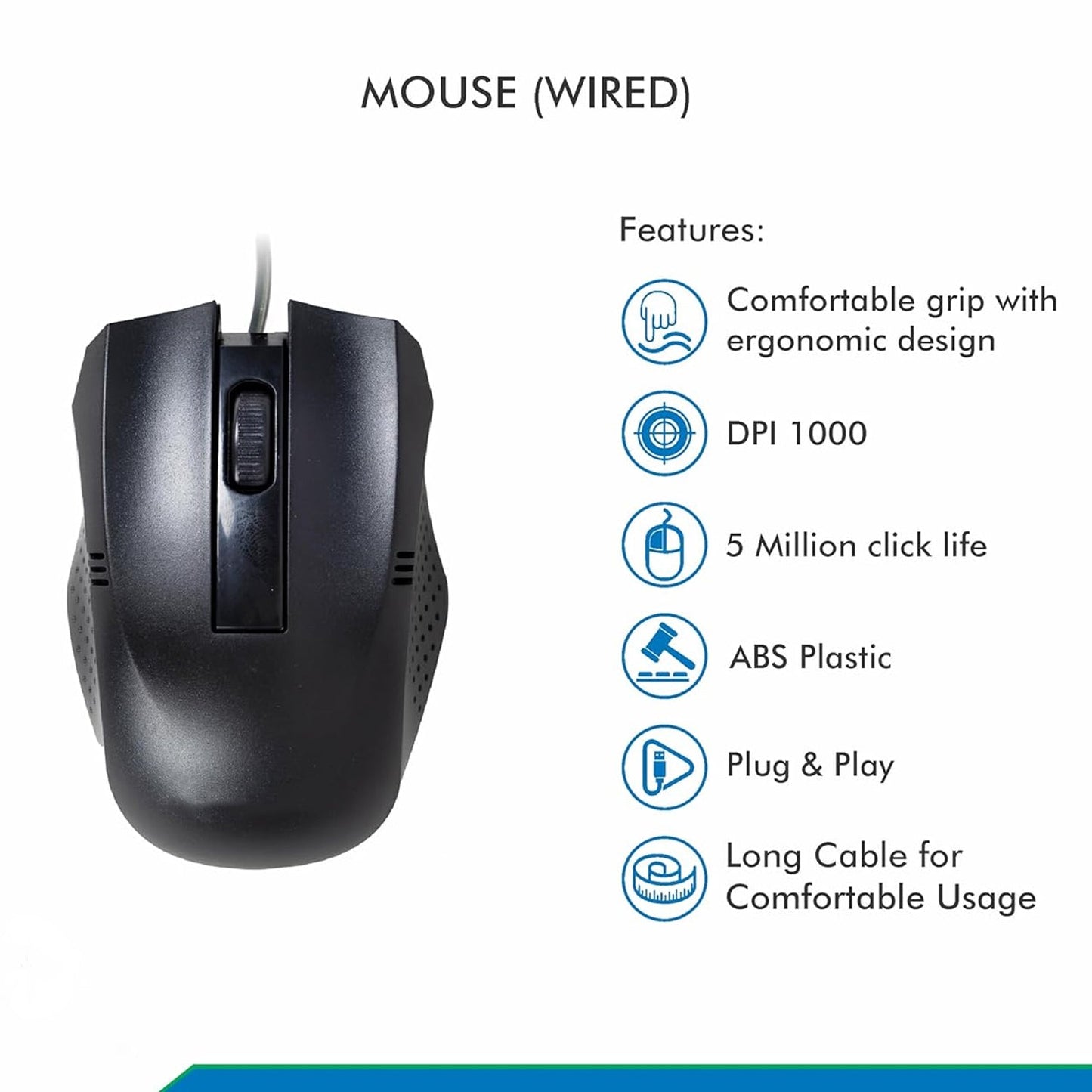 Wukusy wired optical computer mouse for laptops, black with ergonomic design, suitable for home improvement and office use.