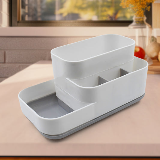 Wukusy cosmetic makeup organizer with multiple compartments for storing beauty products and accessories.