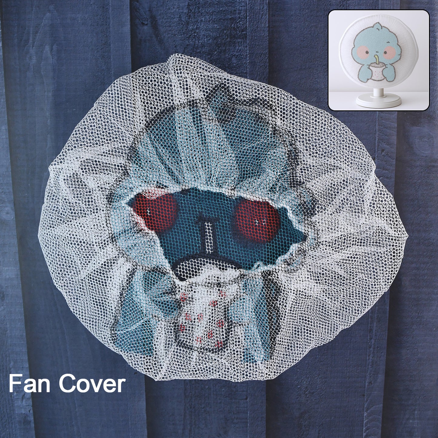 Cute cartoon character fabric mesh fan cover by Wukusy, designed to protect fans with colorful, playful character patterns.