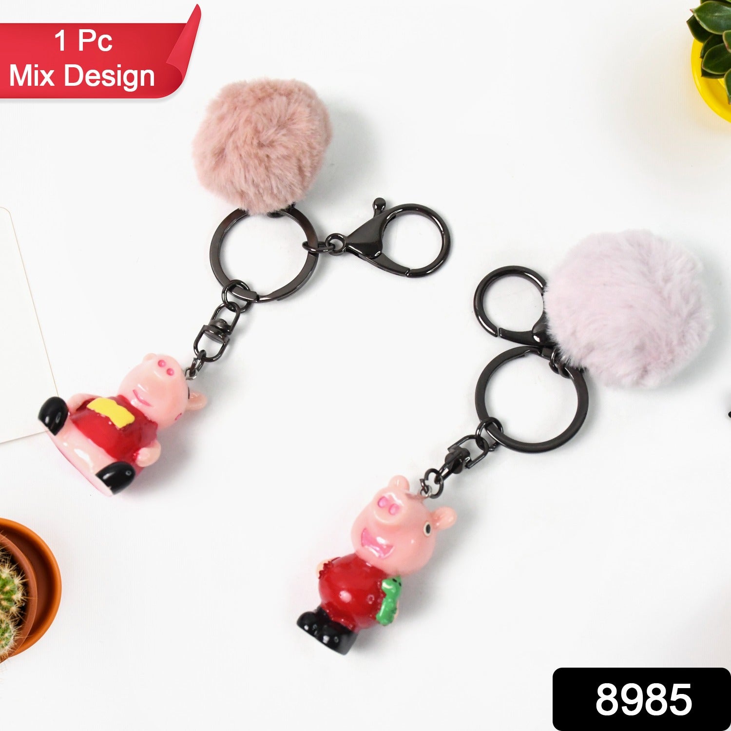Wukusy cute cartoon keychain with fluffy pom, featuring colorful mixed designs, perfect for home improvement accessories.