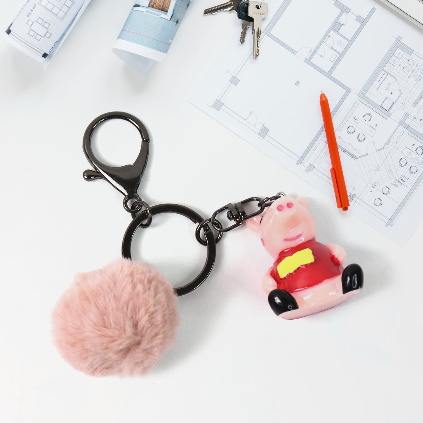 Wukusy cute cartoon keychain with fluffy pom, featuring colorful mix designs, perfect for accessorizing or home improvement decor.