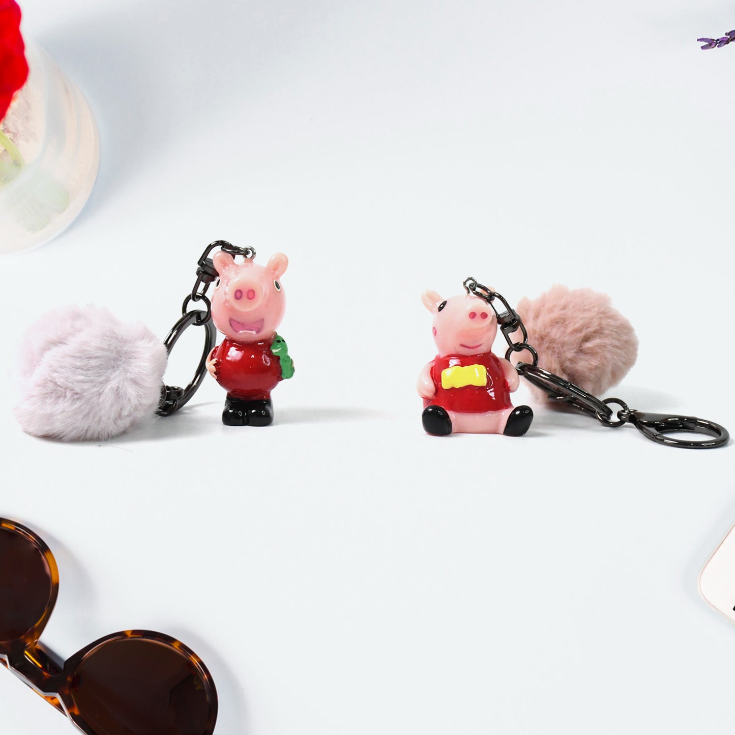 Wukusy cute cartoon keychain with fluffy pom, colorful mix design, ideal for home improvement accessories and decorative key rings.