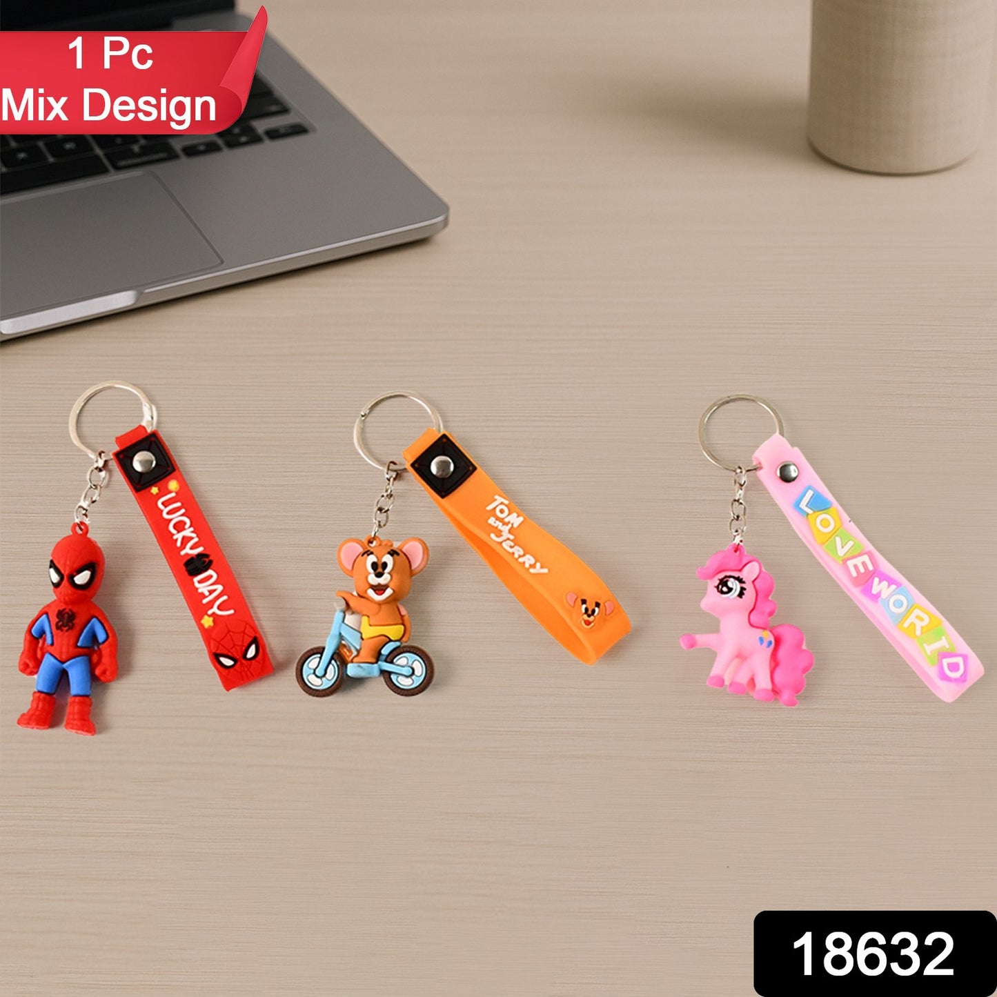 Cute cartoon silicone 3D key chain with metal hook and strap from Wukusy, perfect for organizing keys or accessories.