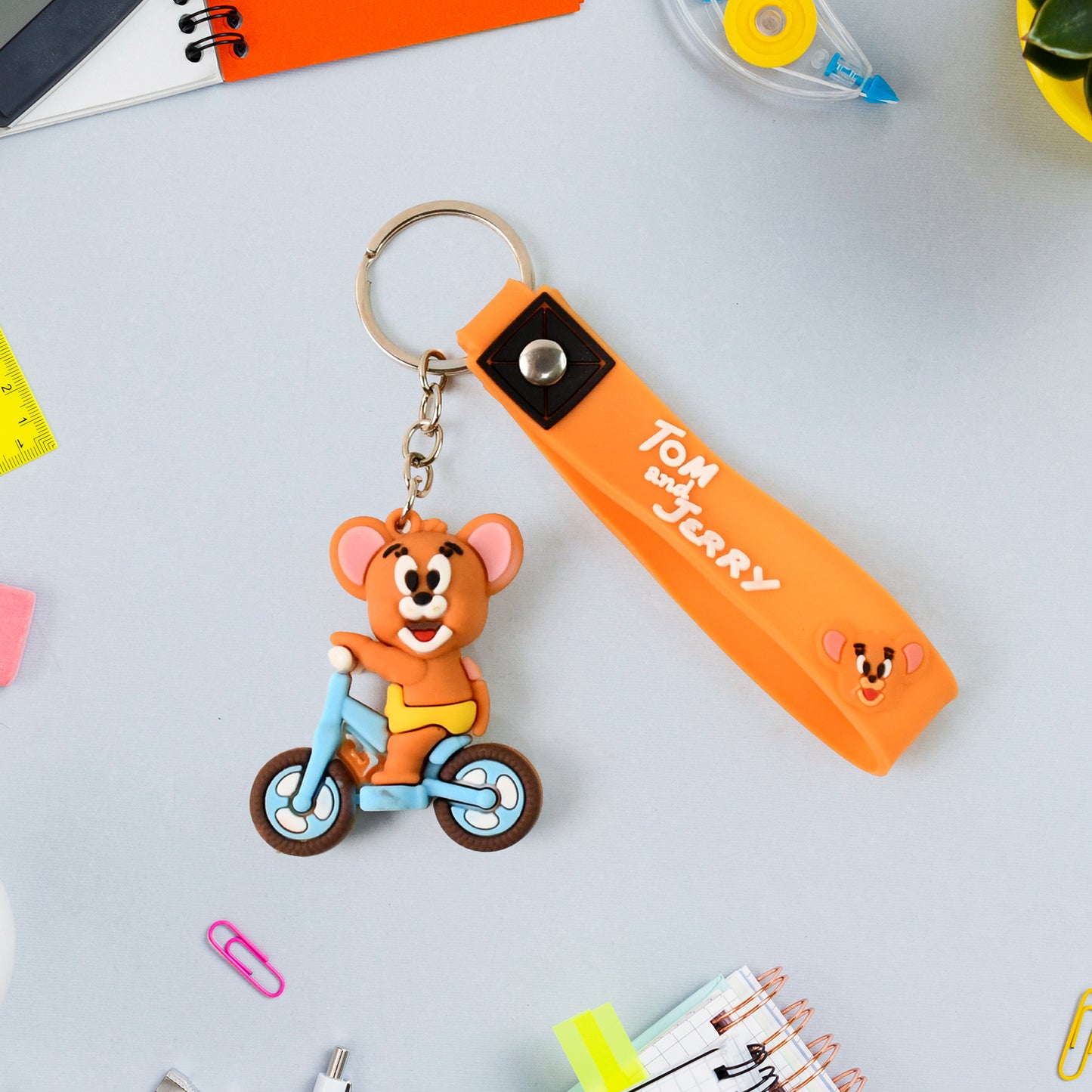 Cute cartoon silicone 3D key chain with metal hook and strap by Wukusy, ideal for home improvement accessories.
