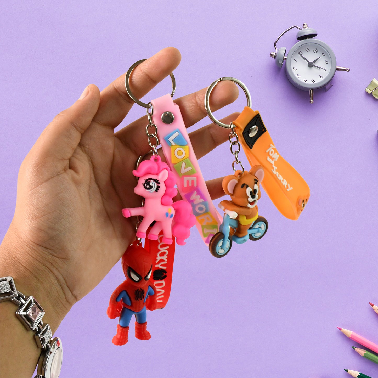Cute cartoon silicone 3D key chain with metal hook and strap by Wukusy, designed for home improvement accessories.