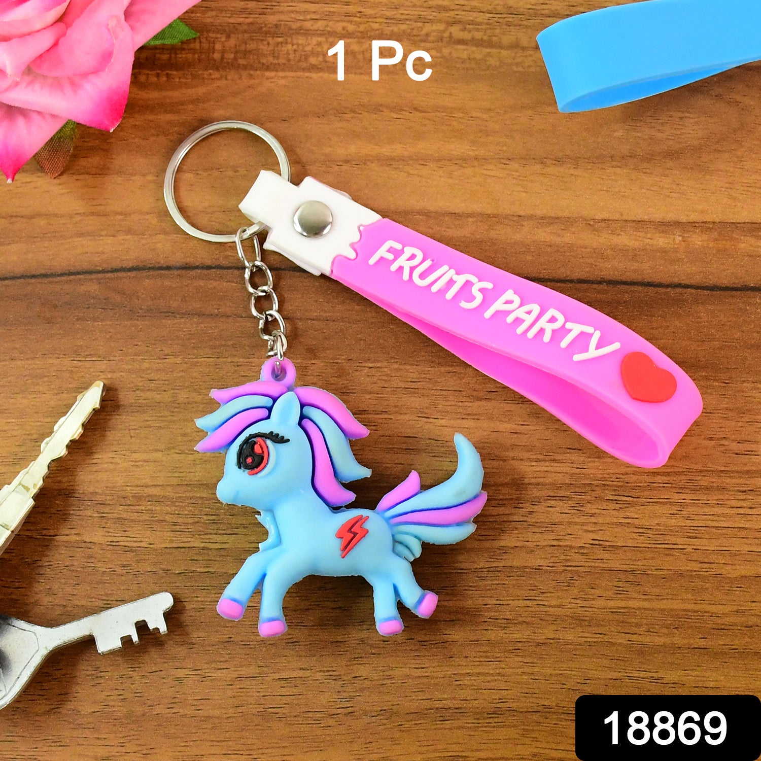 Cute cartoon unicorn keychain with silicone strap from Wukusy, featuring colorful unicorn design and durable strap for keys or bags.