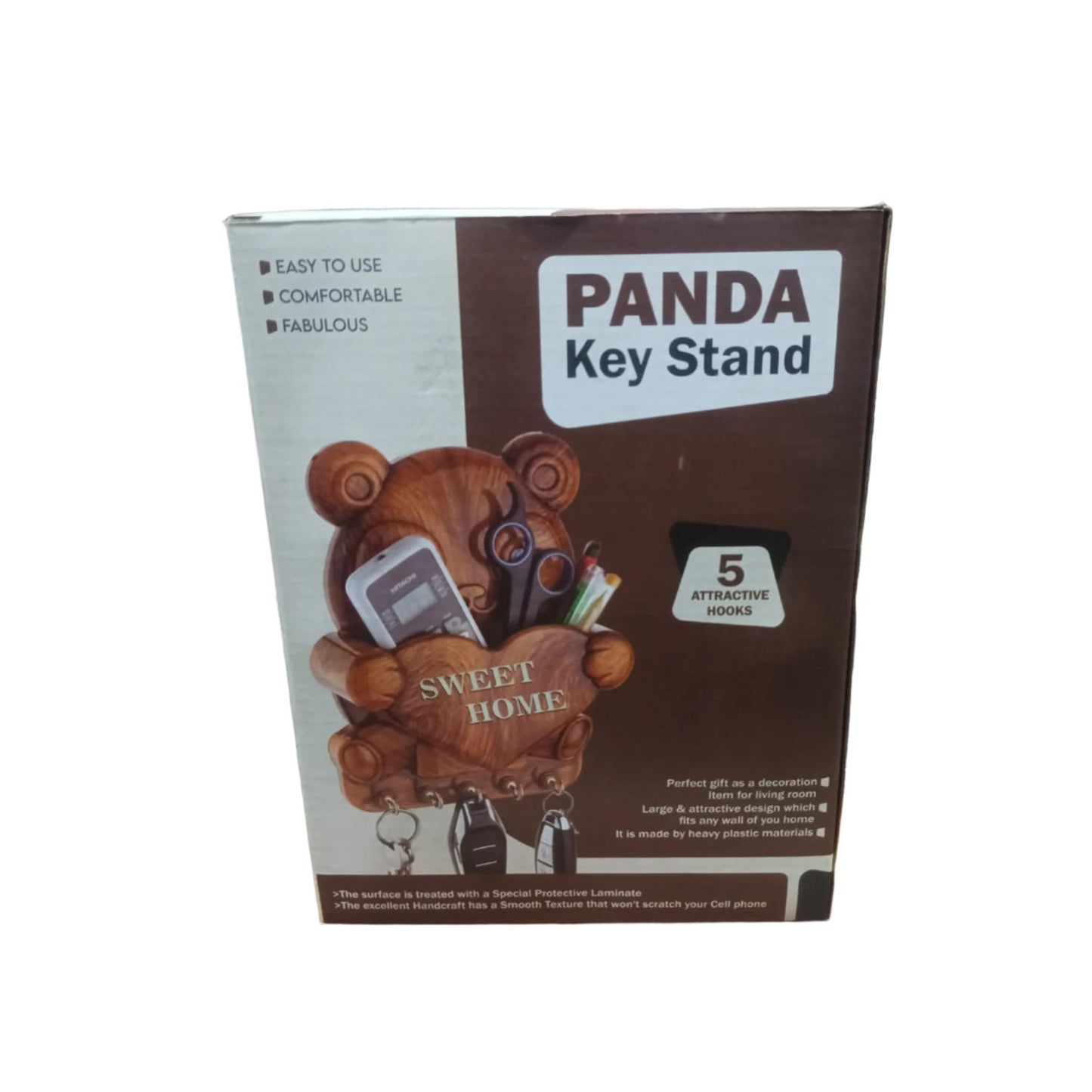 Cute plastic panda wall key holder with five hooks, perfect for organizing keys and small items in home improvement spaces.