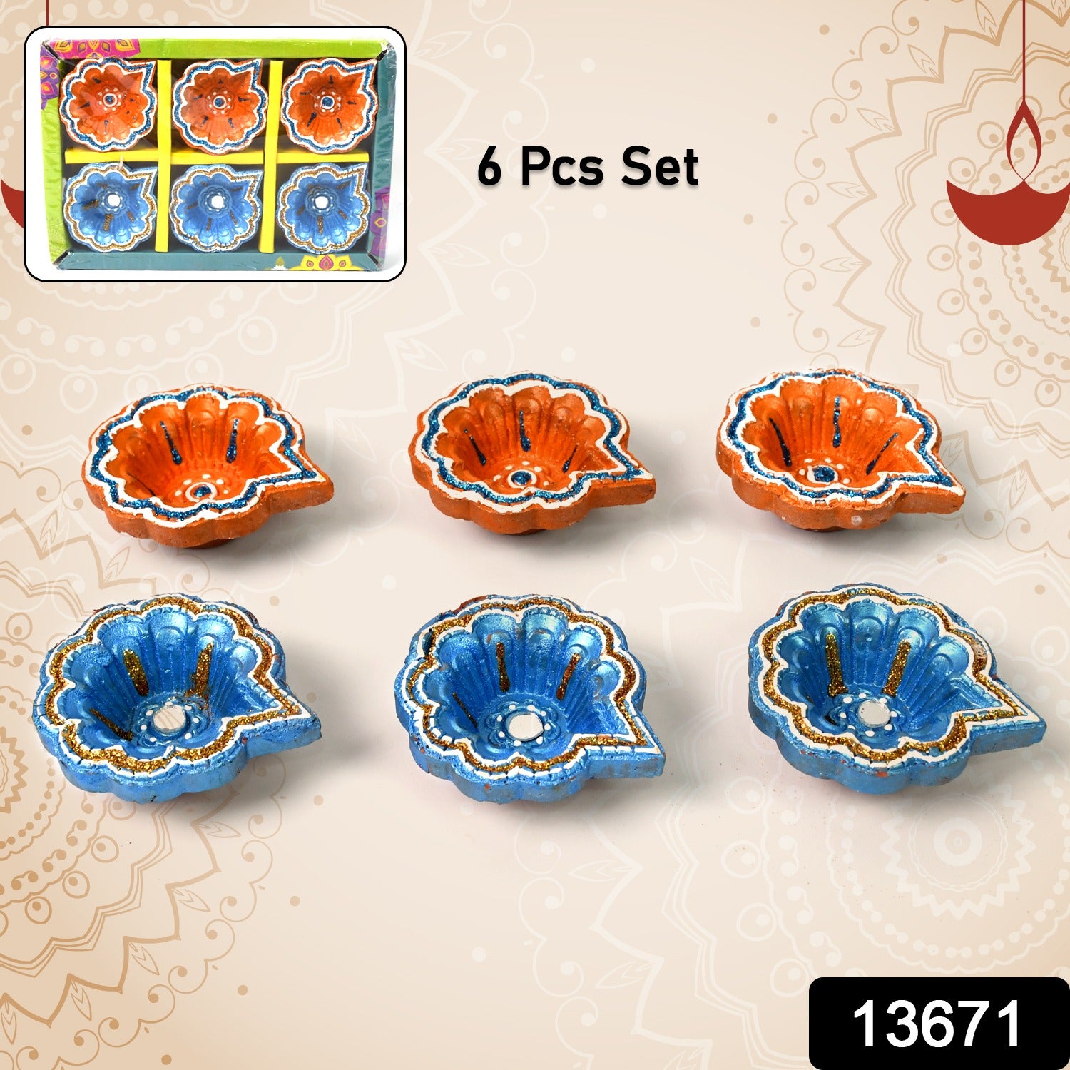 Set of 6 handmade decorative clay Puja Diyas for Diwali, painted with intricate designs, perfect for home lighting and decoration.