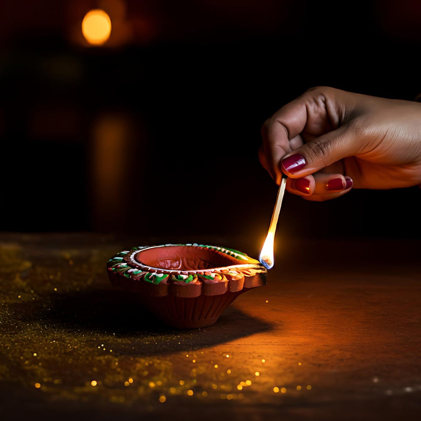Set of 6 decorative handcrafted clay Puja Diyas for Diwali, hand-painted by Wukusy, ideal for home improvement and festive décor.