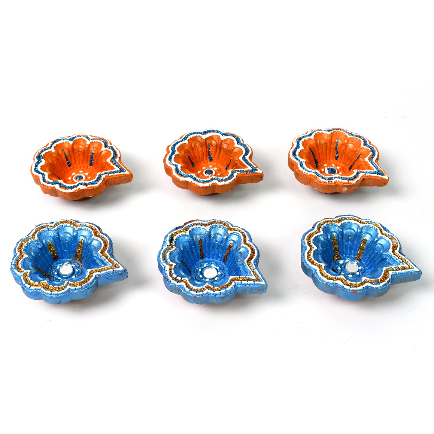 Set of 6 handmade decorative clay Puja diyas for Diwali, painted by Wukusy, ideal for home improvement and festive lighting.