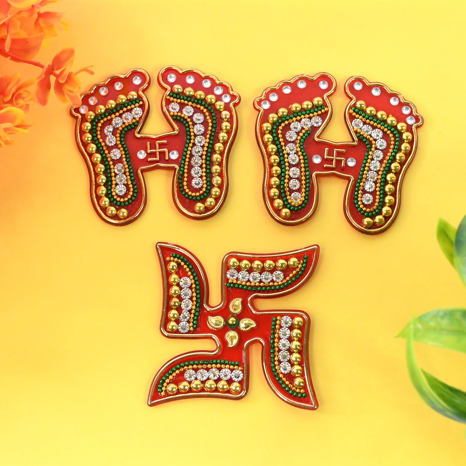 Decorative Wukusy Laxmi Charan and Swastik combo set, 3-piece home decor for auspicious home improvement.