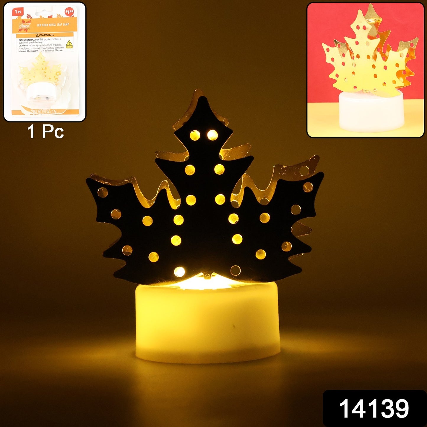 Decorative LED gold metal leaf diya lamp by Wukusy, perfect for home decor and ambient lighting, featuring intricate leaf design.