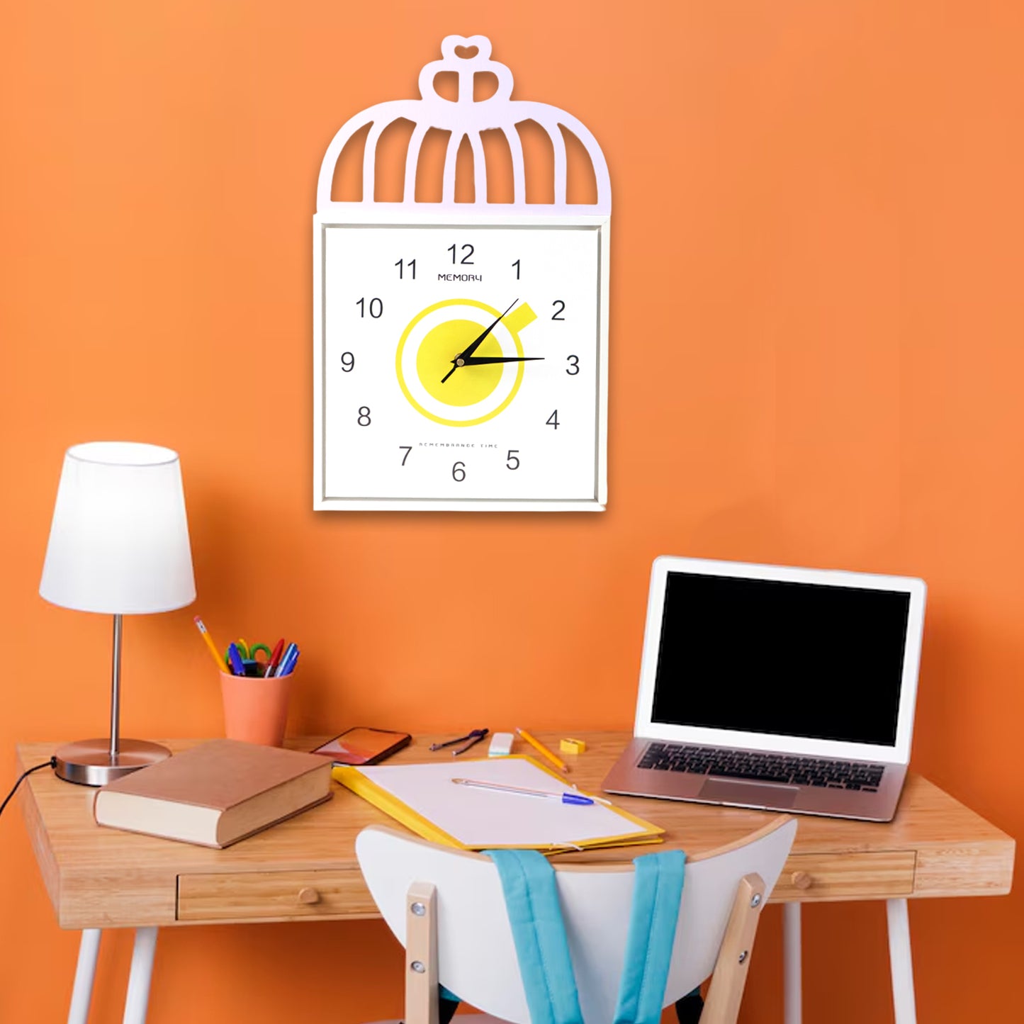 Wukusy decorative square wall clock, battery operated, home improvement, modern design, hangs on a wall in a living room.