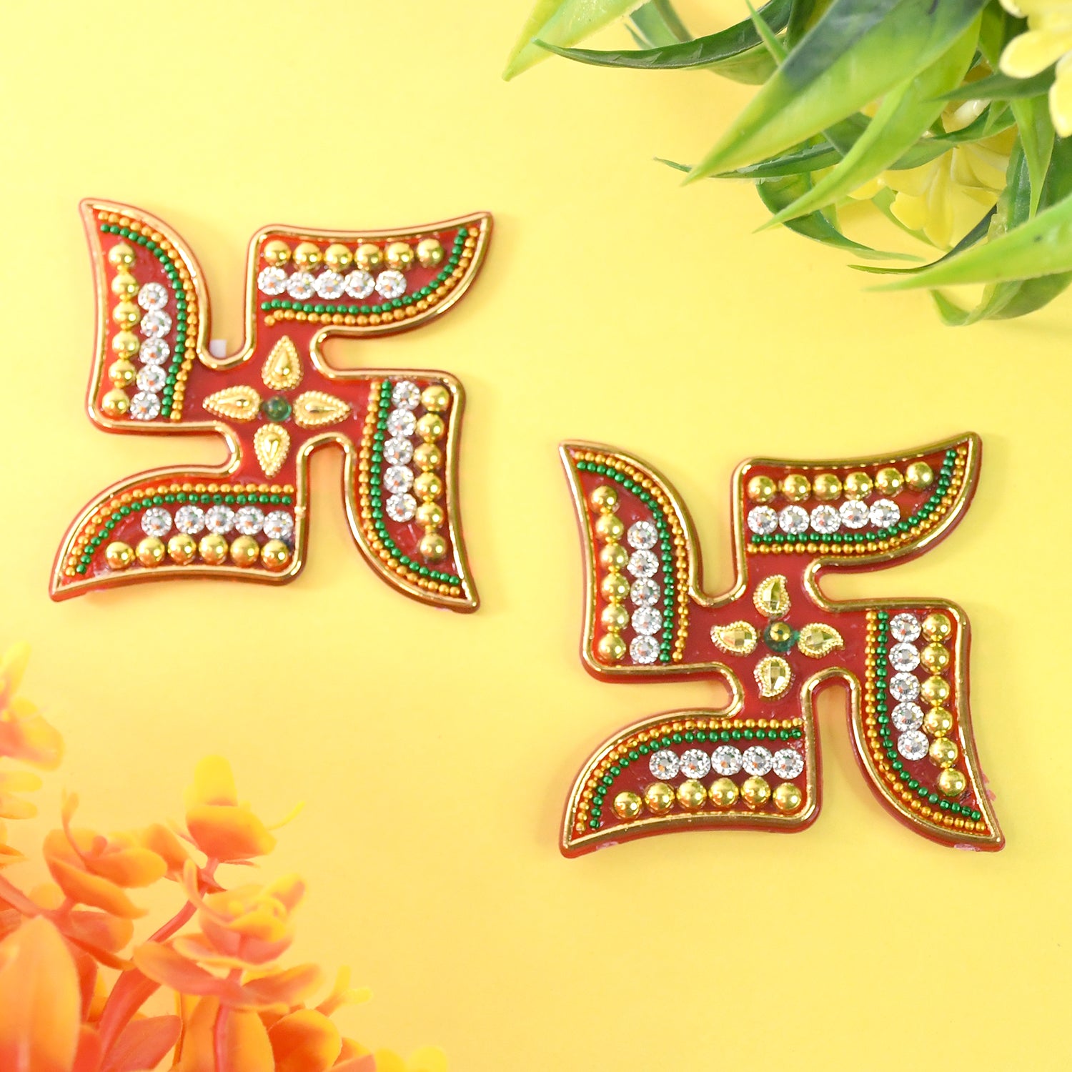 Wukusy decorative Swastik sticker set with two colorful home improvement decals on a white background.