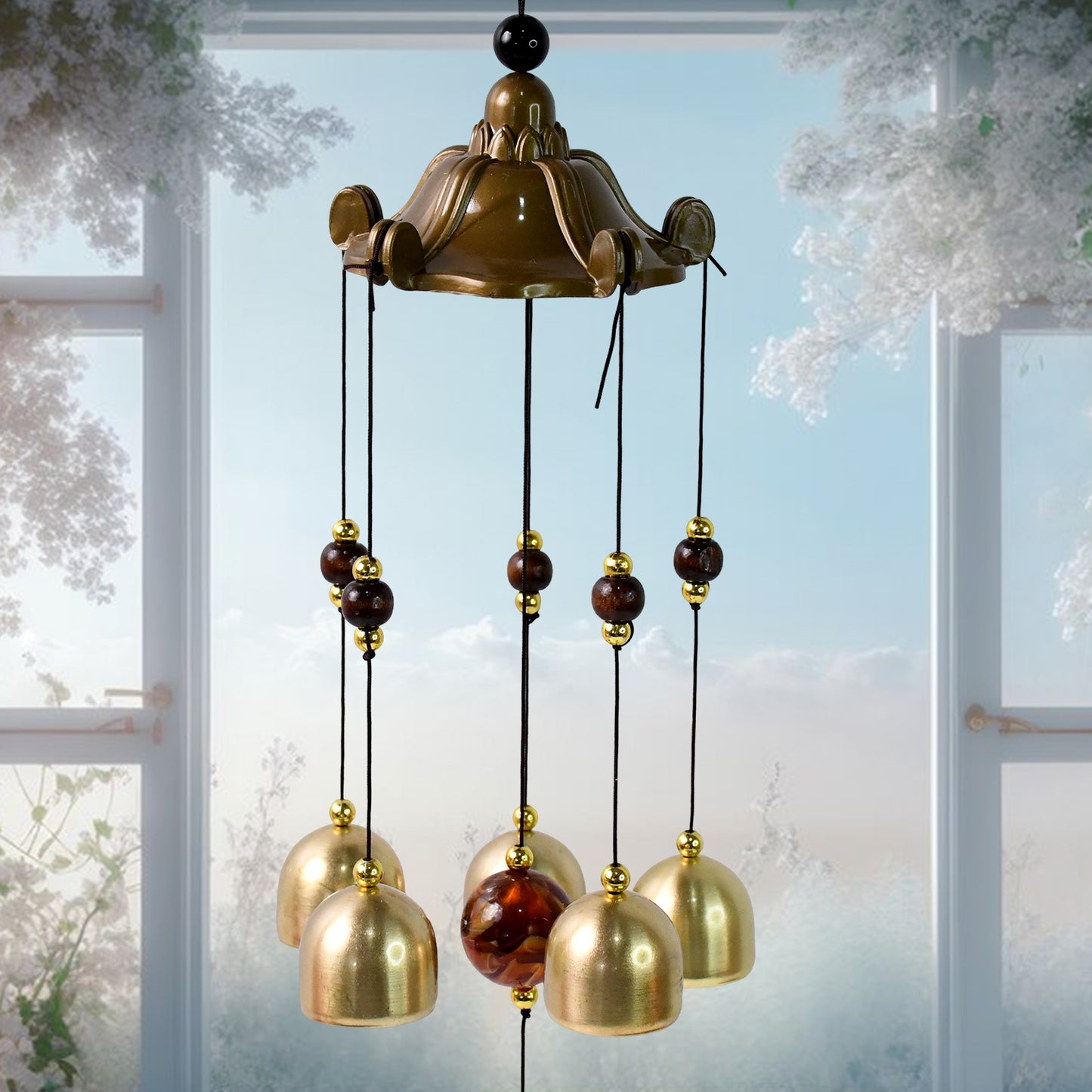 Wukusy decorative outdoor wind chime hanging ornament with metal bells and intricate design for garden or porch decor.
