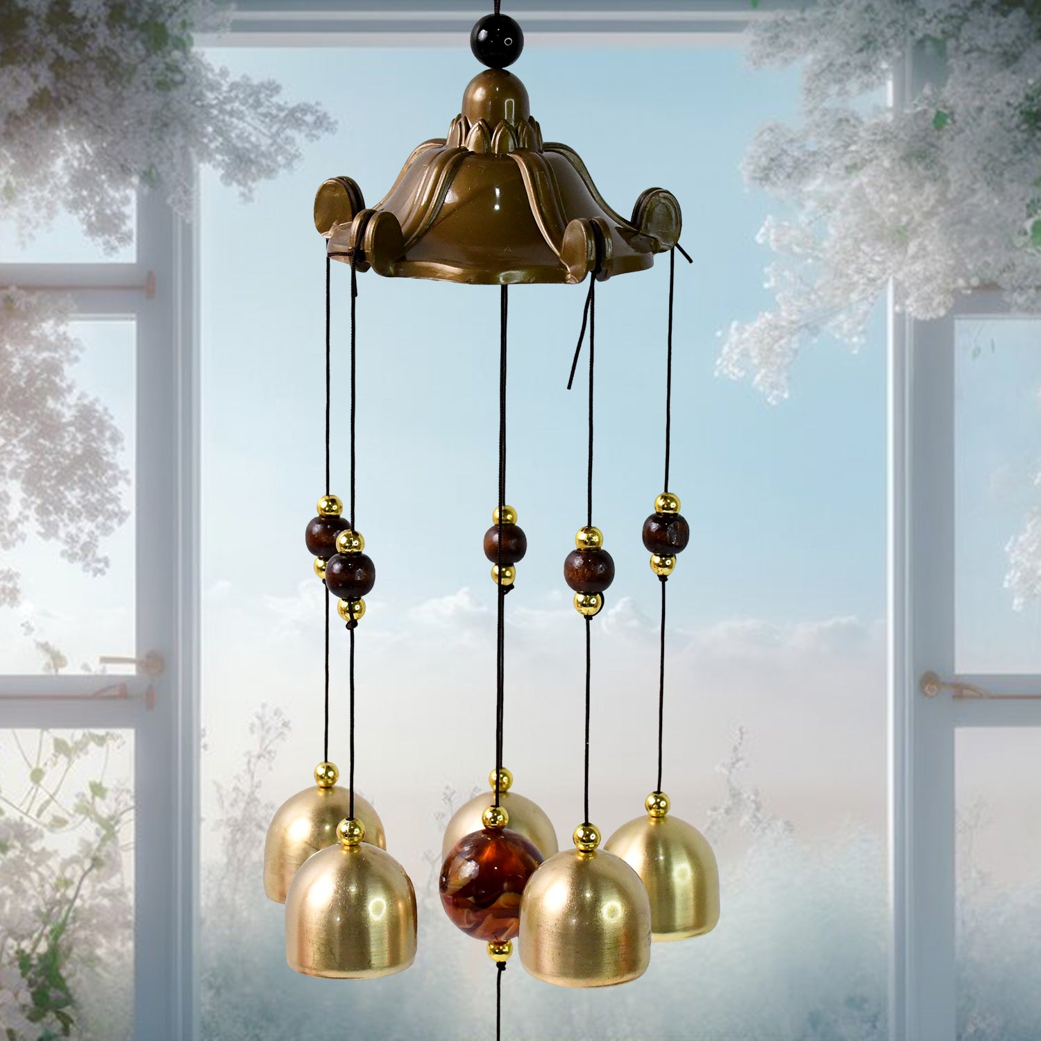 Wukusy decorative outdoor wind chime hanging ornament with metal bells and intricate design for garden or porch decor.