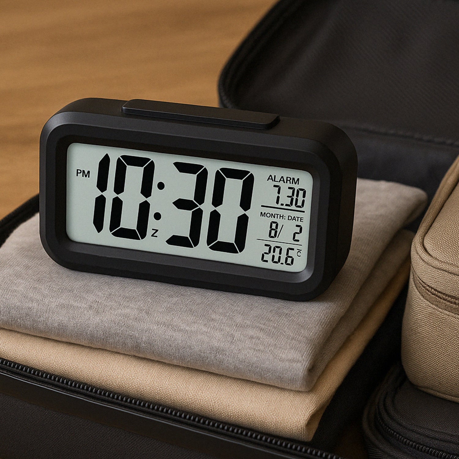 Wukusy digital LCD alarm clock with backlight, home improvement device showing time display and illuminated screen.