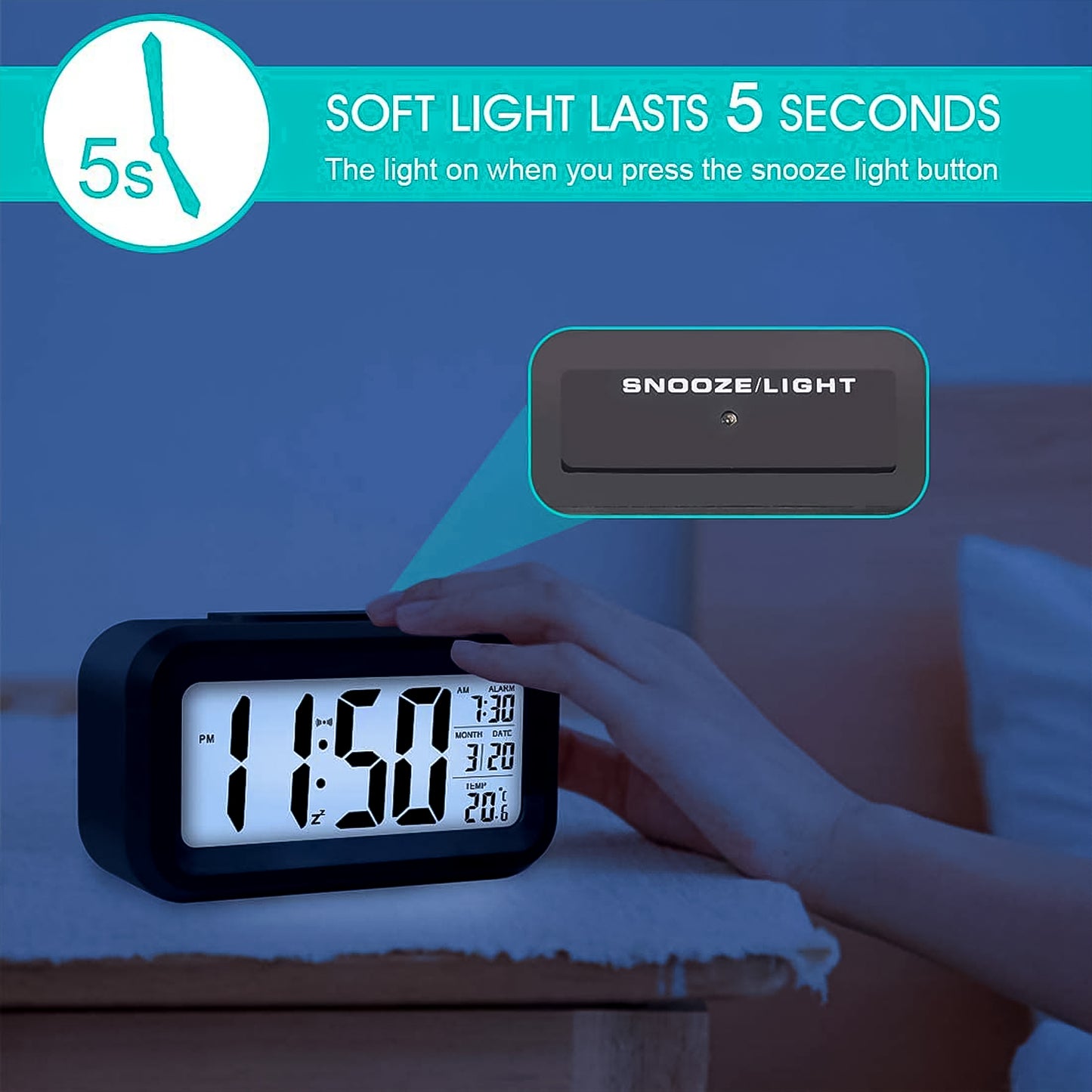 Wukusy digital LCD alarm clock with backlight, home improvement device showing time display and backlit screen in a close-up shot.