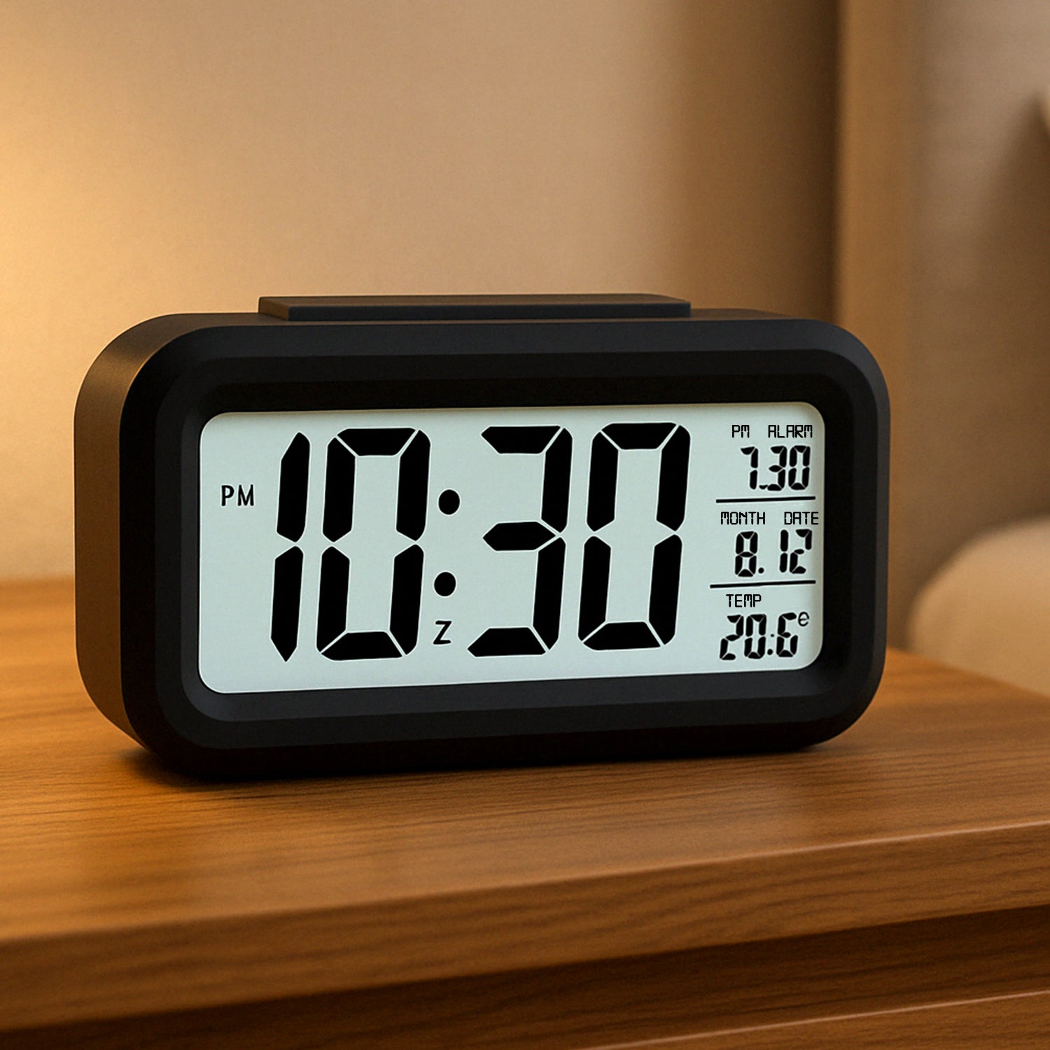 Wukusy digital LCD alarm clock with backlight, showing time display, for home improvement and convenient wake-up function.