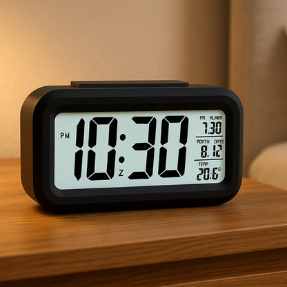 Wukusy digital LCD alarm clock with backlight, showing time display, for home improvement and convenient wake-up function.