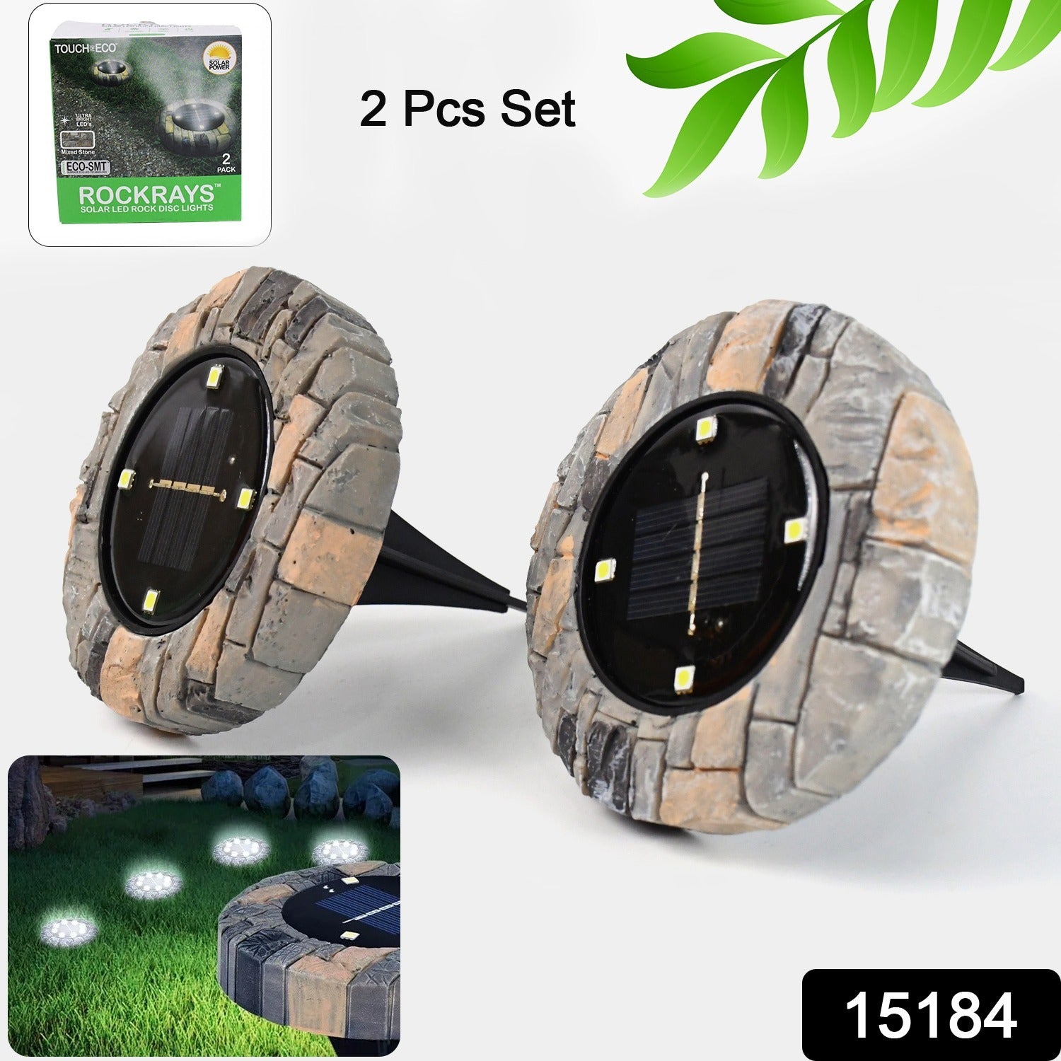 Wukusy heavy-duty outdoor solar disk lights with slate finish, 4 LED pathway lights shown in a two-pack for garden illumination.