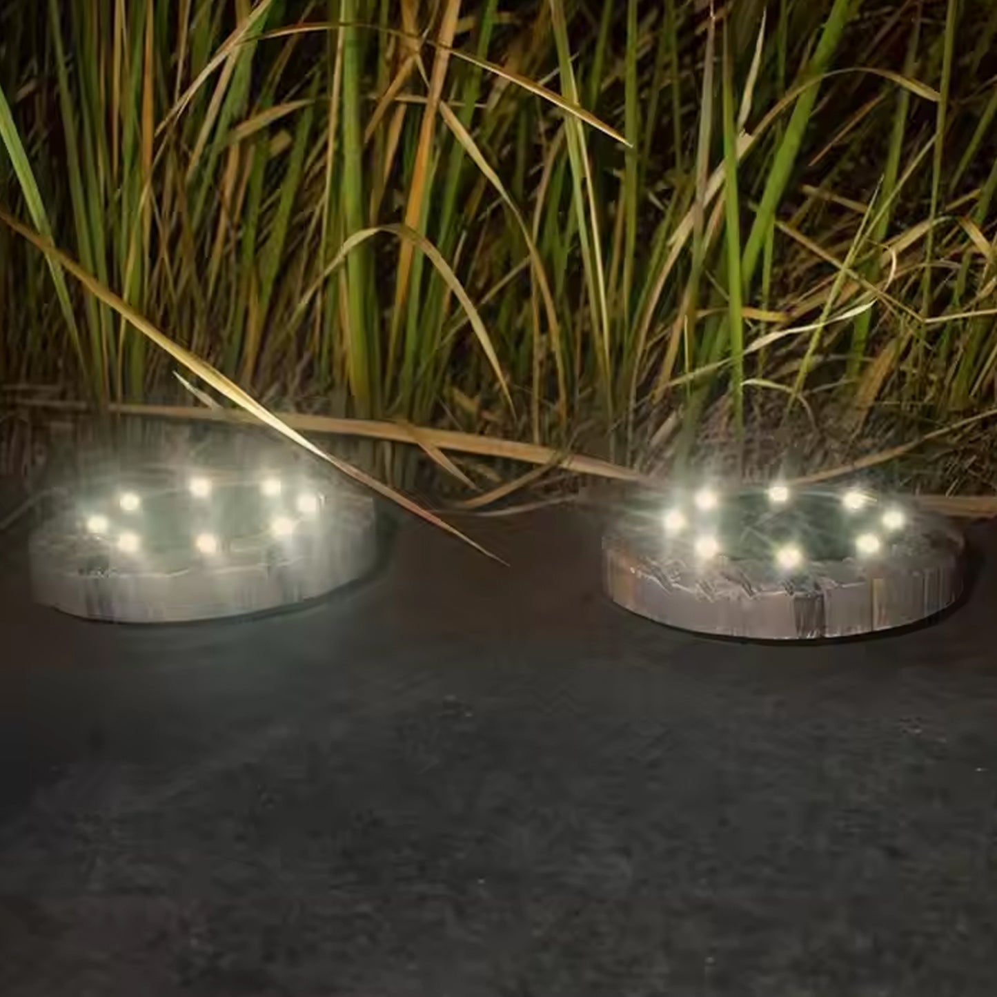 Wukusy Disk Lights Slate outdoor solar pathway lights with 4 LED bulbs, heavy-duty design for garden or walkway illumination.