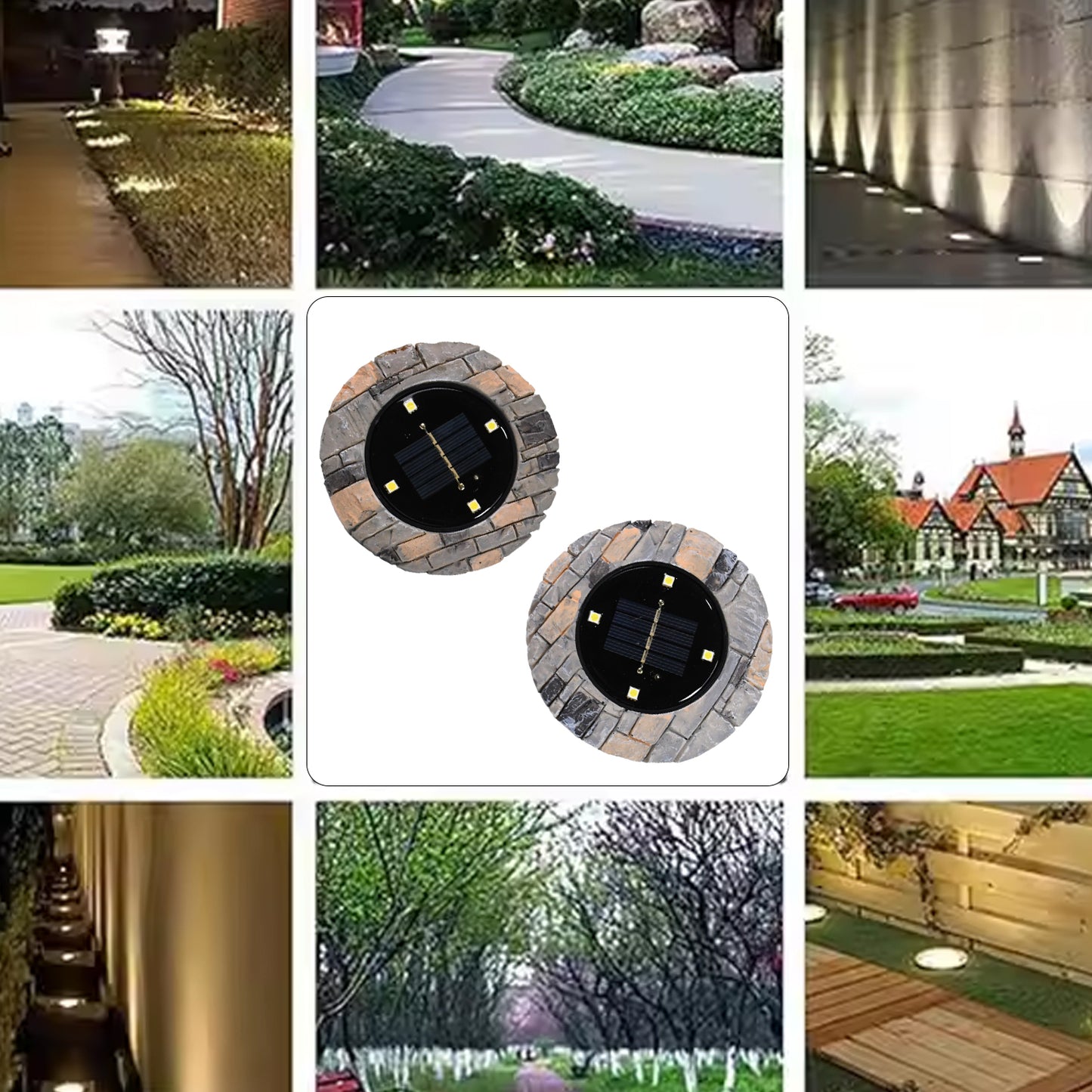 Wukusy heavy-duty outdoor solar disk pathway lights with 4 LED, slate finish, ideal for garden and walkway illumination, set of 2.